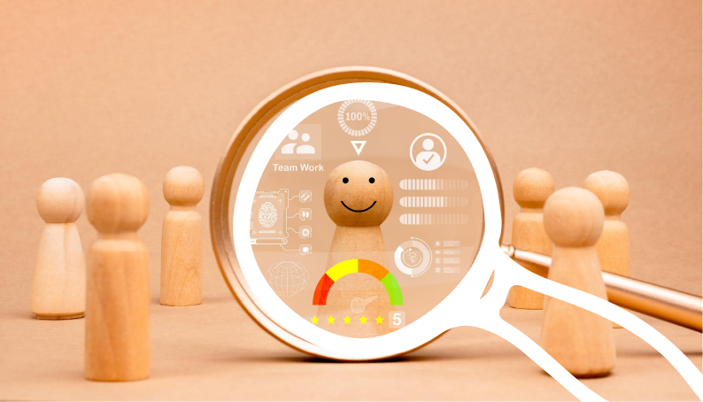 Evaluación Imagen de una lupa que observa un muñeco y extrae datos